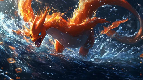 Fiery orange dragon-like creature in turbulent seawater.