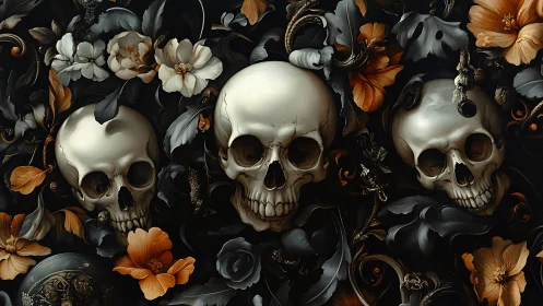 Digital painting triptych of skulls entwined with baroque florals.