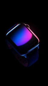 Smartwatch close-up under neon gradient lighting glow.