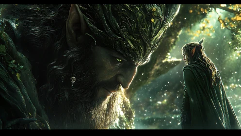 Forest entity and cloaked elf in luminous woodland scene.