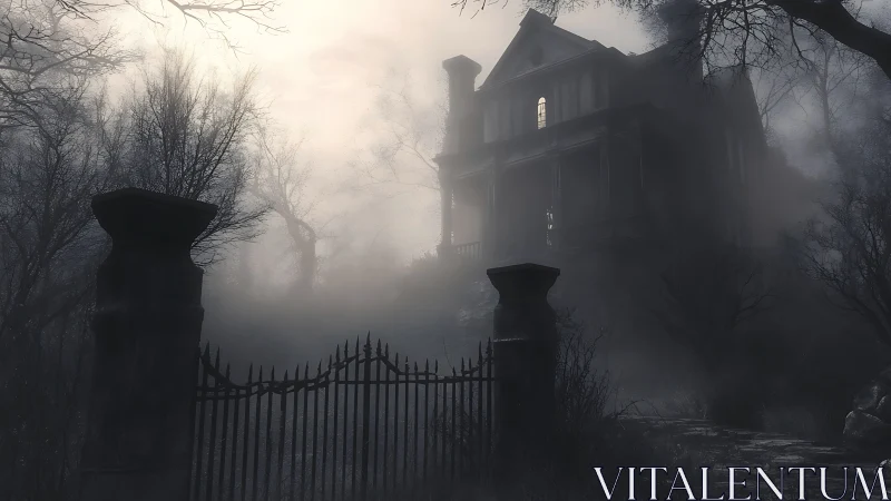 Fog-shrouded hillside mansion behind iron gate at dusk.