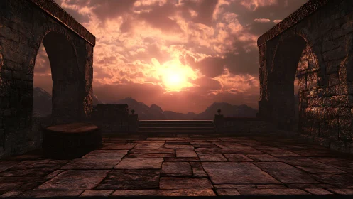 Sunlit stone terrace framing distant mountain horizon.