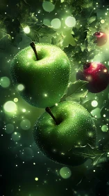 Green apples with water droplets float among stylized leaves