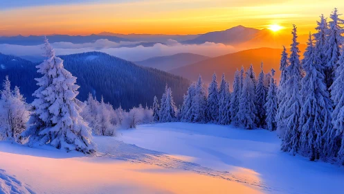 Sunlit alpine forest under vivid winter sunrise glow.