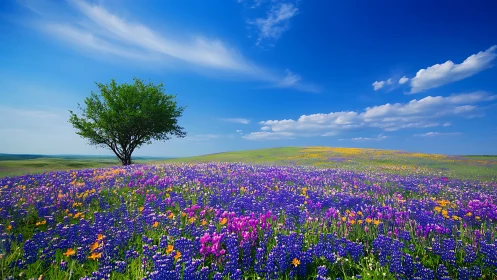 Solitary tree overlooking luminous wildflower meadow under blue sky.