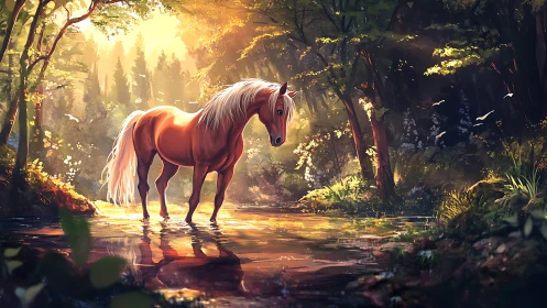 Horse stands in shallow forest stream under warm light