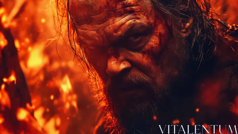 Battle-scarred warrior glares through swirling orange flames