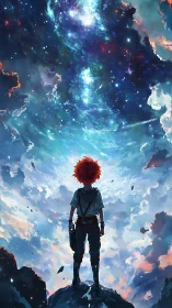 Stargazing dreamer stands beneath a swirling cosmic sky