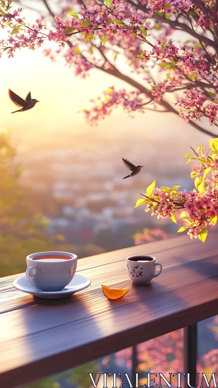 Coffee cups on balcony rail beneath flowering tree at dawn.