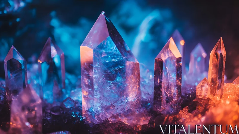 Spectral quartz crystal cluster under bicolor volumetric lighting.