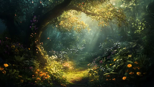 Enchanted Forest Path: Where Sunlight Dances Through Golden Leaves.