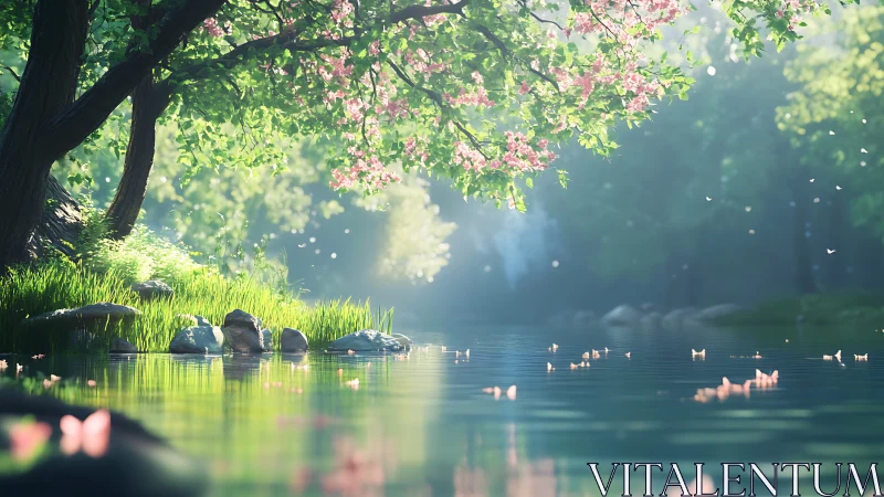 Whispering blossom shore where sunlight lingers on glassy water.