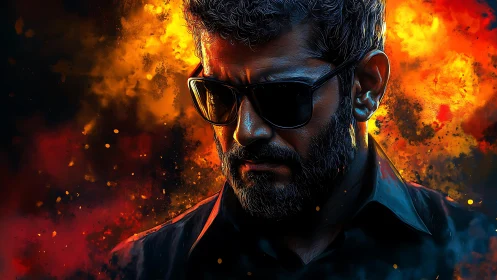 Bearded man in sunglasses against intense fire background.