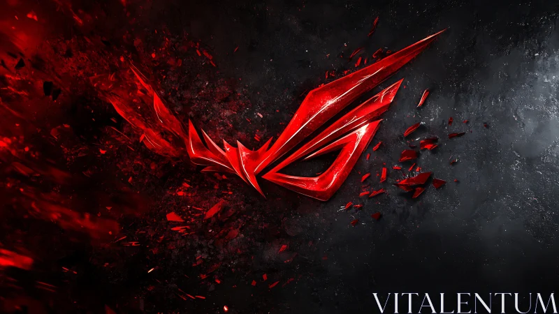 Fragmented red metallic emblem shattering over dark textured ground