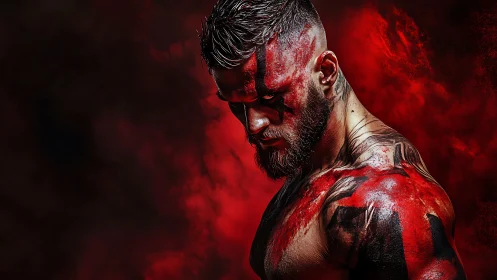 Photorealistic warrior portrait with dramatic red warpaint lighting.