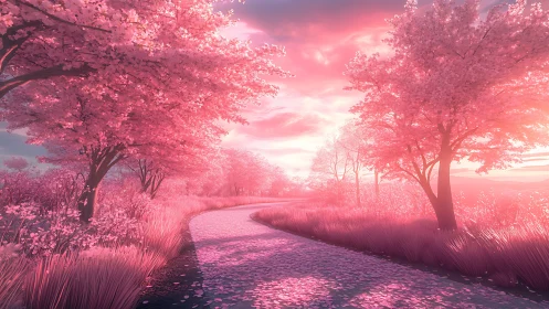 Pink blossom lane under glowing sunset sky dreamscape.