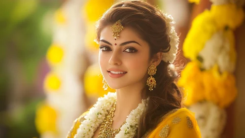 Photorealistic bridal portrait with floral garland detailing.