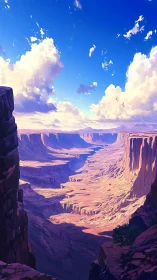 Expansive stylized canyon under bright blue sky.