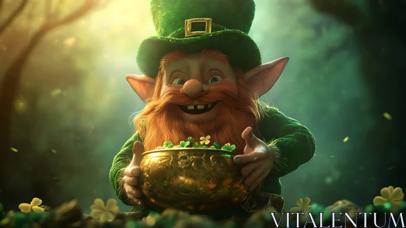 Highly detailed 3D leprechaun clutching ornate golden cauldron in forest