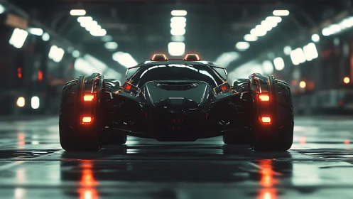 Futuristic black hypercar renders with neon rim lighting and depth
