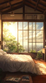 Sunlit attic bedroom overlooks distant city through tall window