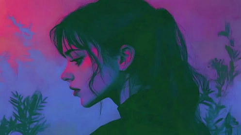 Digital painting profile portrait in neon duotone ambiance.