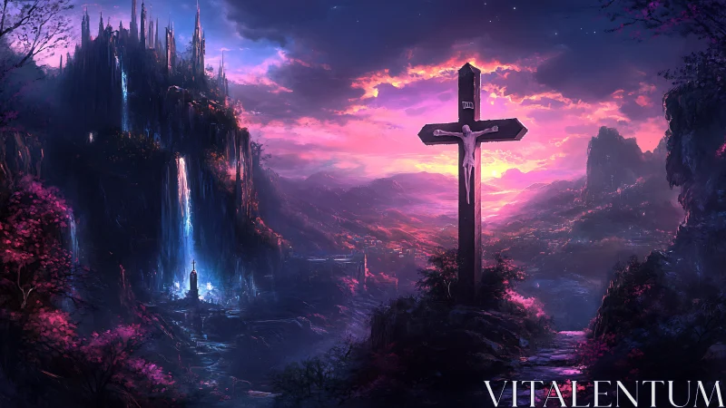 Luminous cross at sunset over a mystical valley landscape.