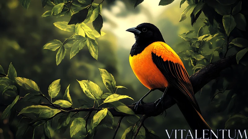 Vibrant orange and black bird on leafy branch, digital art style.