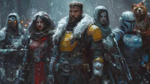 Bold winter guardians gathered in a fierce sci fi storm.