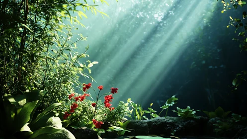 Soft sunbeams caress a tranquil forest garden clearing