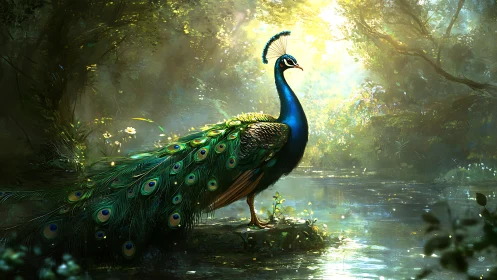 Iridescent peacock stands beside sunlit forest pool