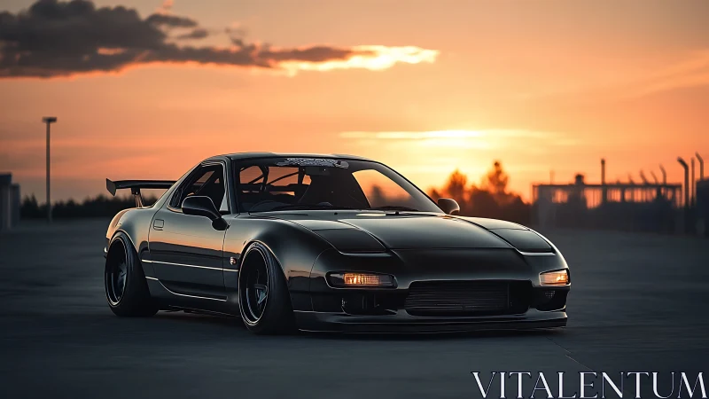 Low-slung tuned sports coupe rendered in sunset photorealism