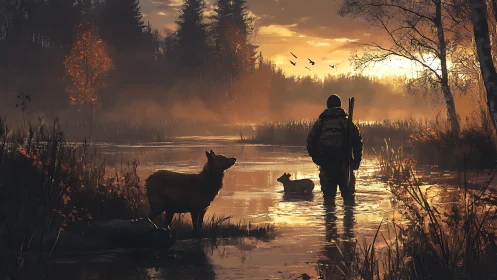 Backlit wetland tracker with canine pair in autumn dusk glow.