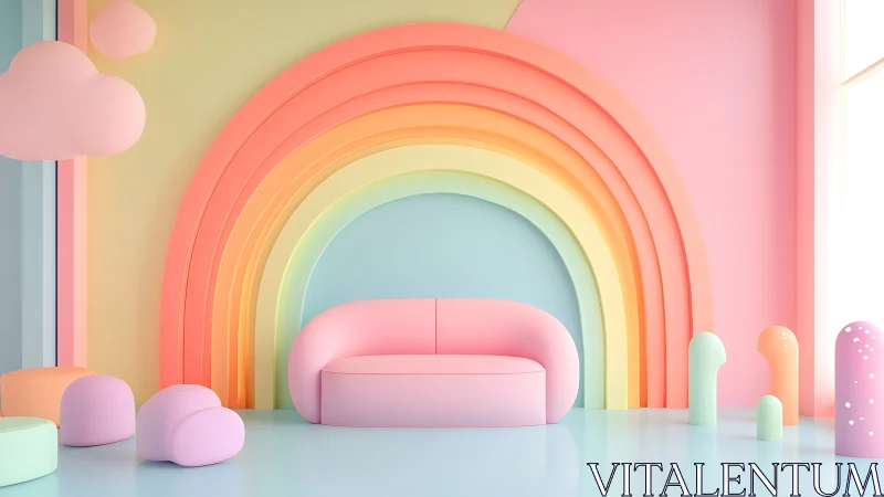 Pastel rainbow lounge with curved sofa and soft forms.