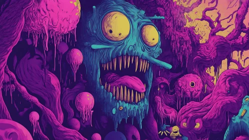 Neon viscous monster organism amid dripping bio-lab grove.