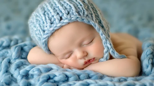 Peaceful slumber in azure wraps, newborn dreams unfold.