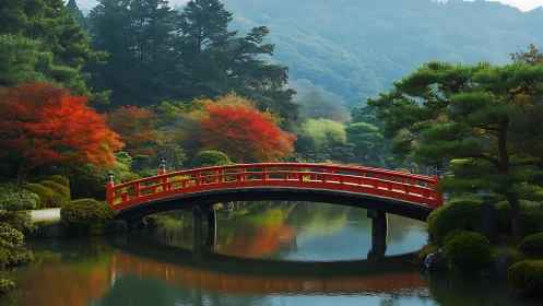 Serene red bridge over calm pond in a peaceful autumn garden.