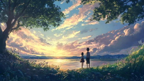 Two young friends share a tranquil sunset by the lakeside