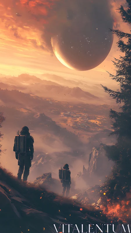 Astronaut explorers survey misty valley beneath colossal planet