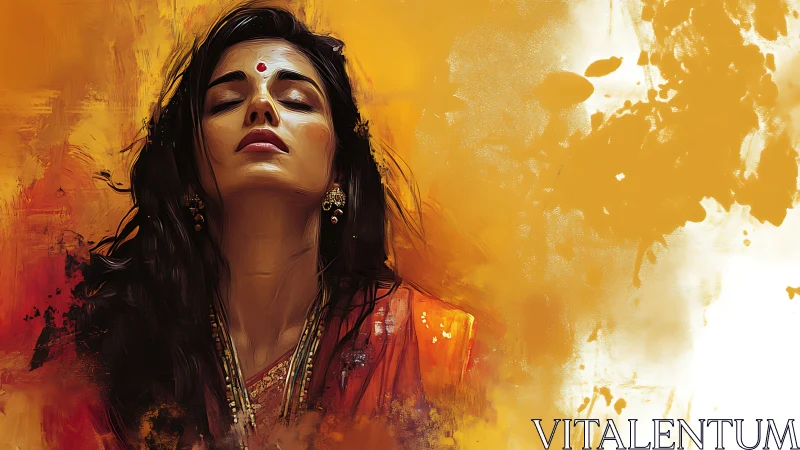 Serene woman in saffron haze, meditative digital portrait.