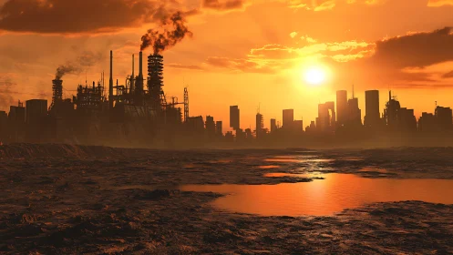 Industrial skyline under harsh orange polluted sunset.