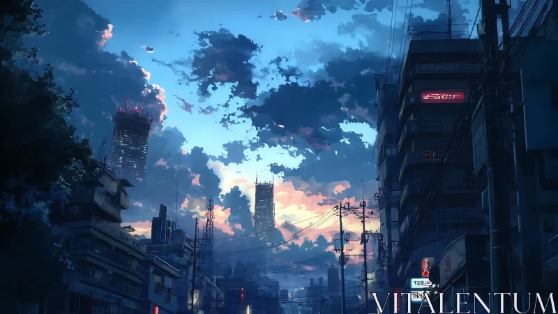 Dense urban street under dramatic dusk sky with towers