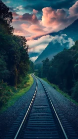 Twilight rails winding into misty mountains and painted clouds.