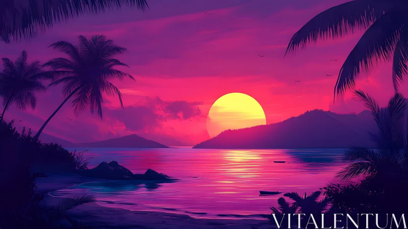 Neon-tinted tropical sunset bathes calm island lagoon in light.