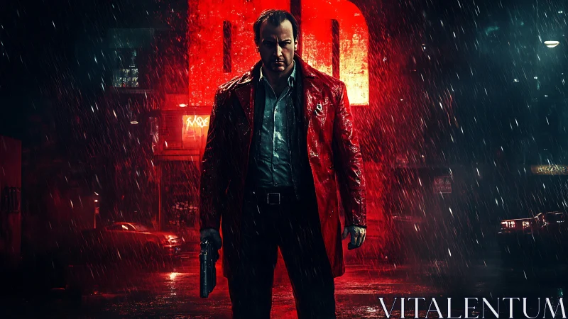 Rain-soaked detective strides through neon-lit city night