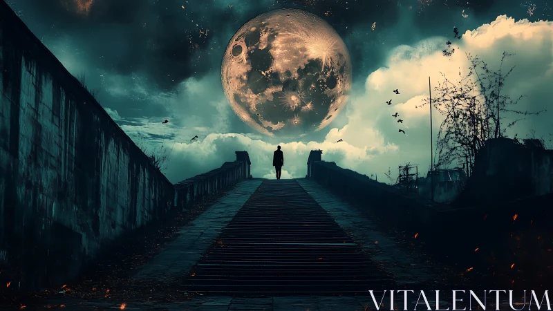 Moonlit wanderer walks a crumbling stairway into storming sky