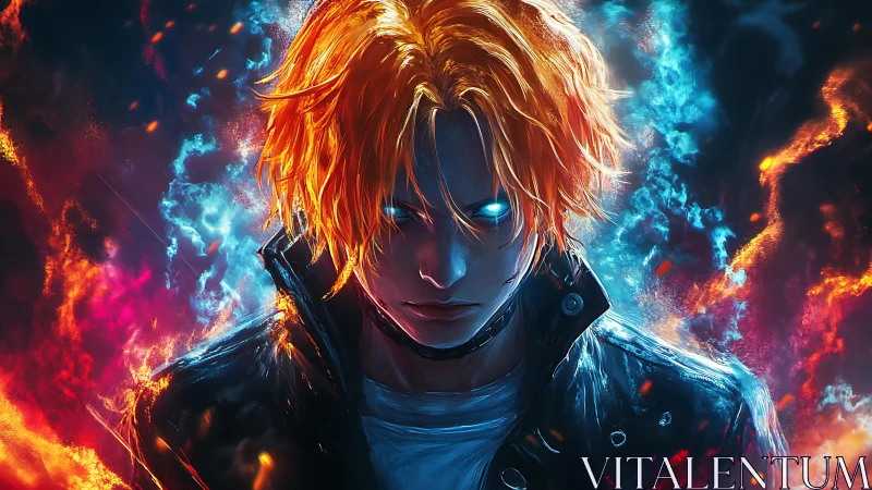 Blazing cyber warrior amid blue firestorm contrast.