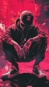 Hooded urban figure crouching in neon red cityscape.