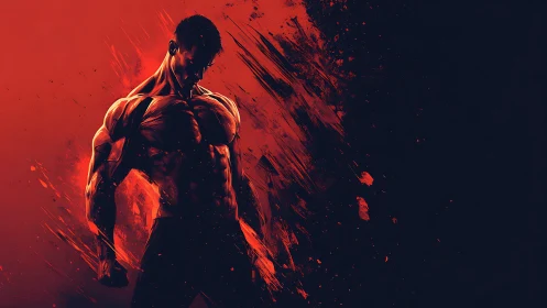 Muscular warrior silhouette bursts through red brushstroke chaos