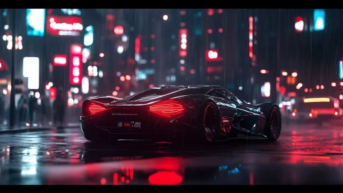 Midnight rain stroll with a neon-lit futuristic supercar.